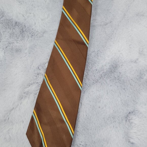 Brown Holt Renfrew Neck Tie with blue and gold stripes EUC - Picture 5 of 5